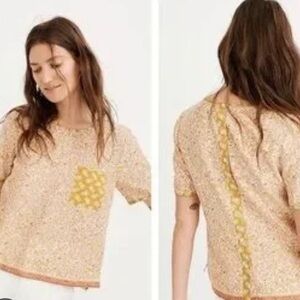 Madewell Beige Floral Short-Sleeve Tee with Mustard Trim